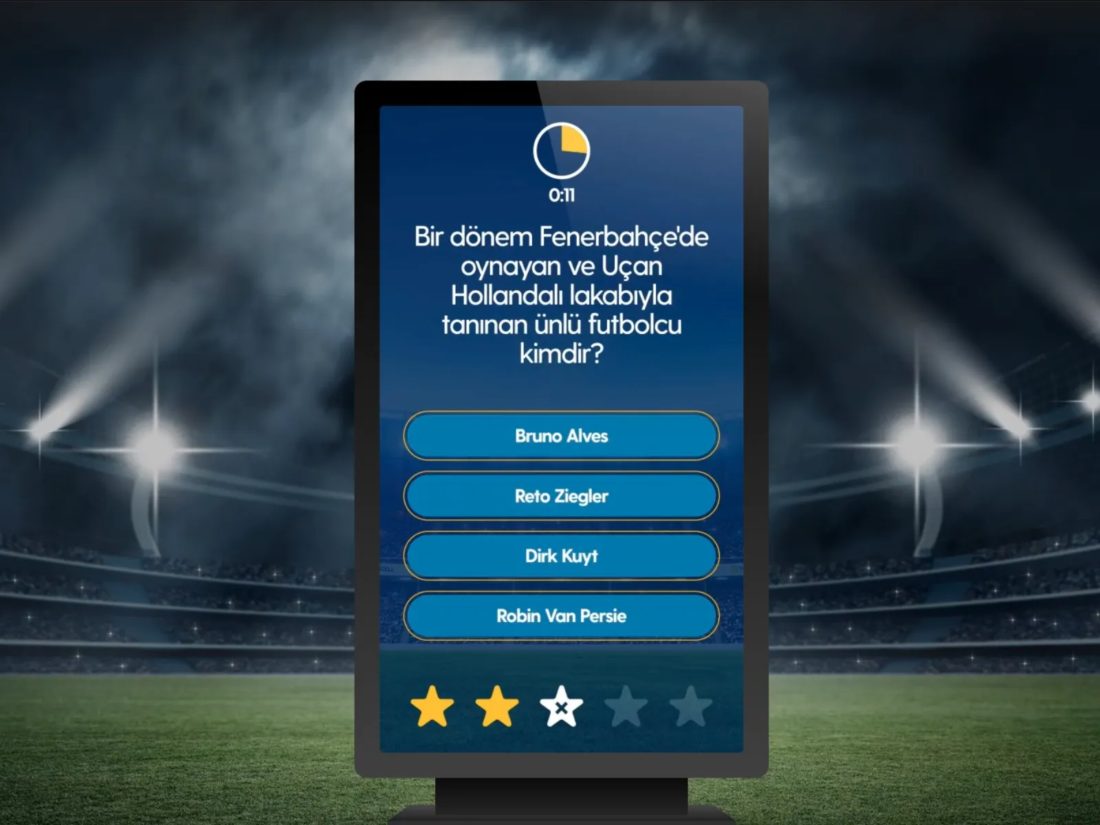 A live quiz question on the store screen, with a countdown timer above it and five-star progress below