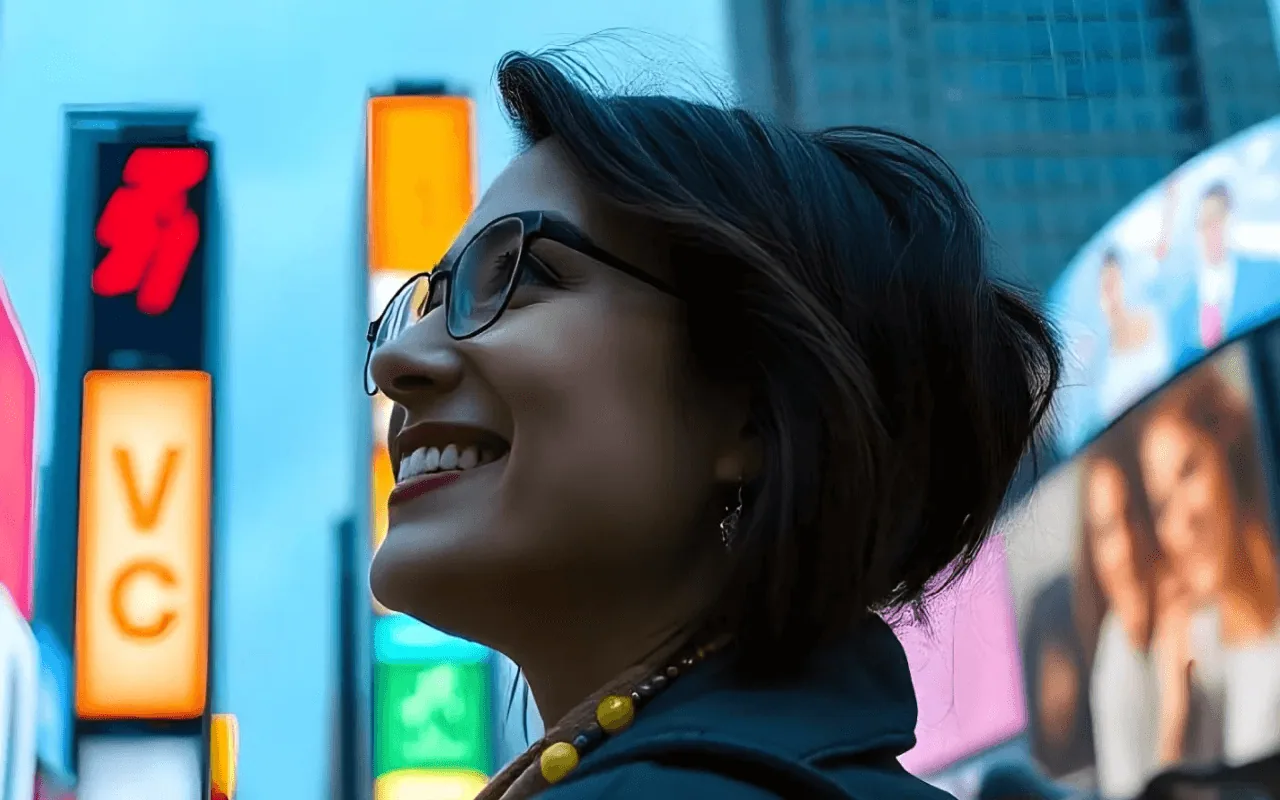 A viewer looking up at bright digital-out-of-home screens in a city