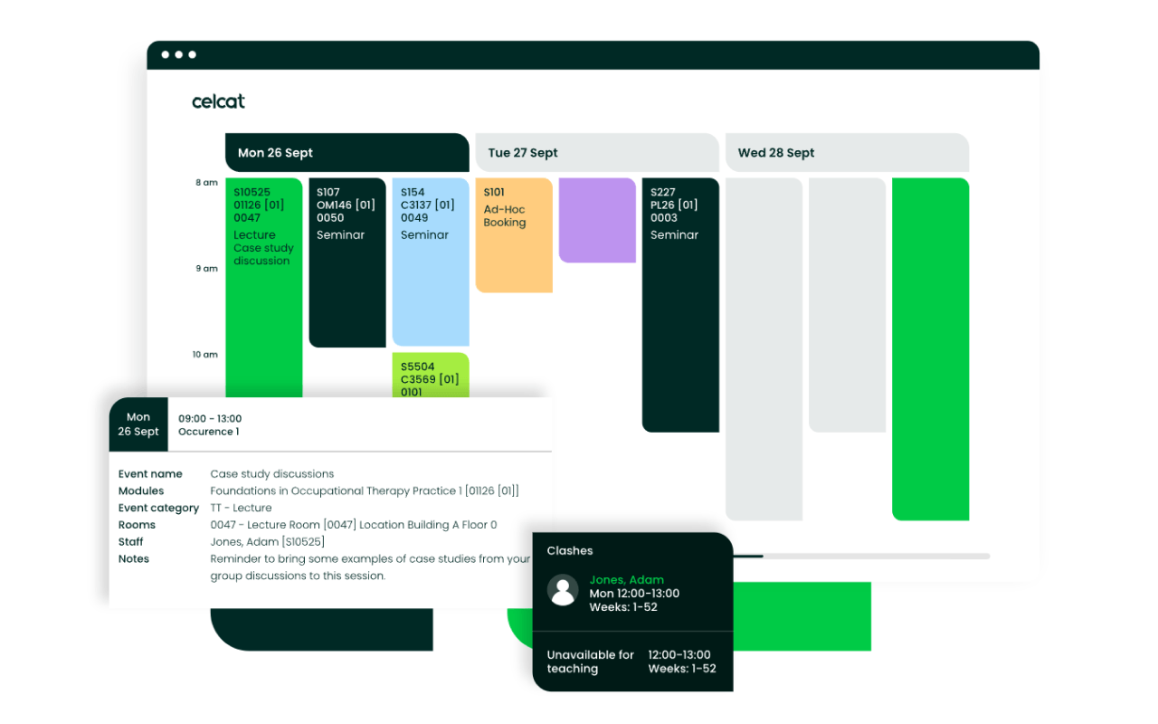 The CELCAT timetable interface showing a weekly room schedule
