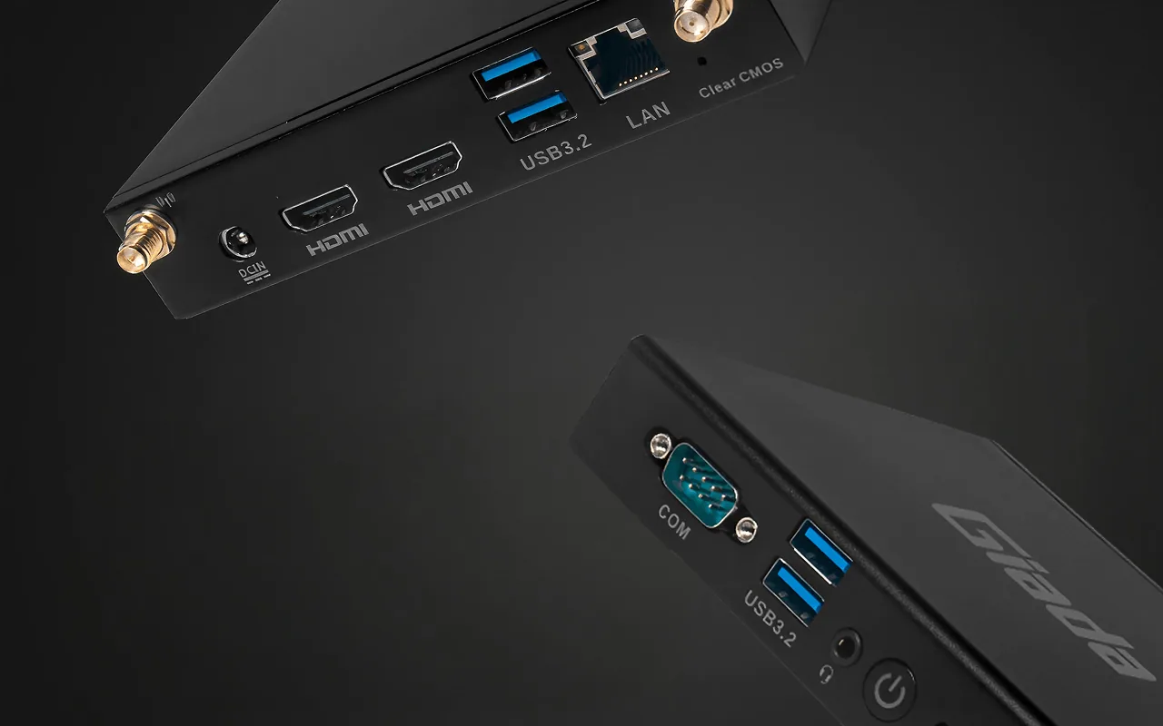 Close-up of the connectivity ports on a Giada signage player, HDMI, USB and LAN
