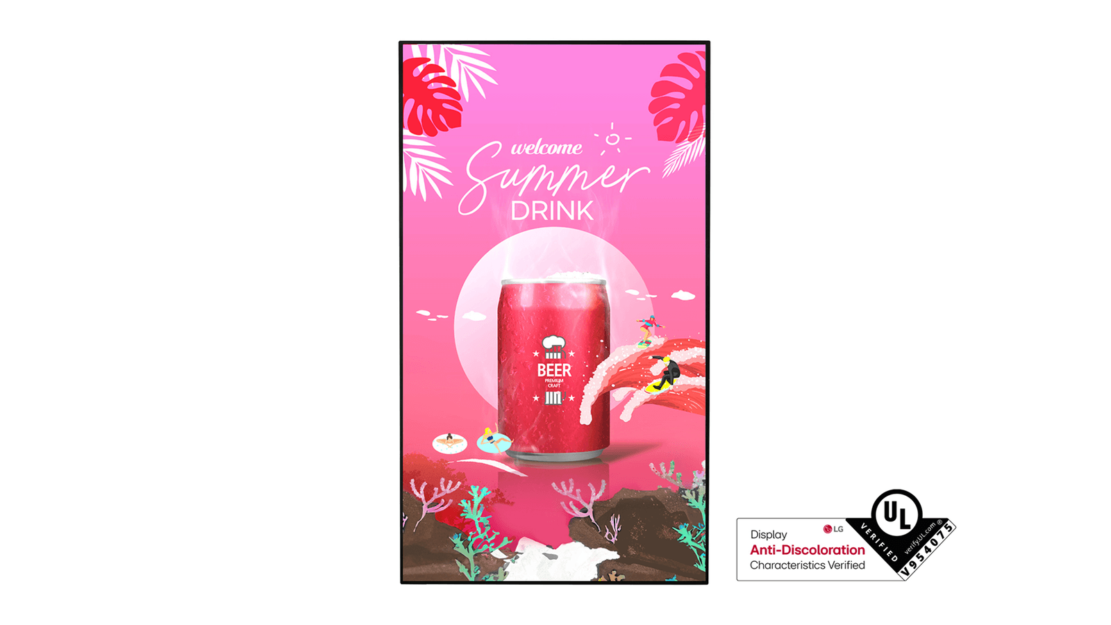 An LG webOS display running portrait signage content, with anti-discoloration certification