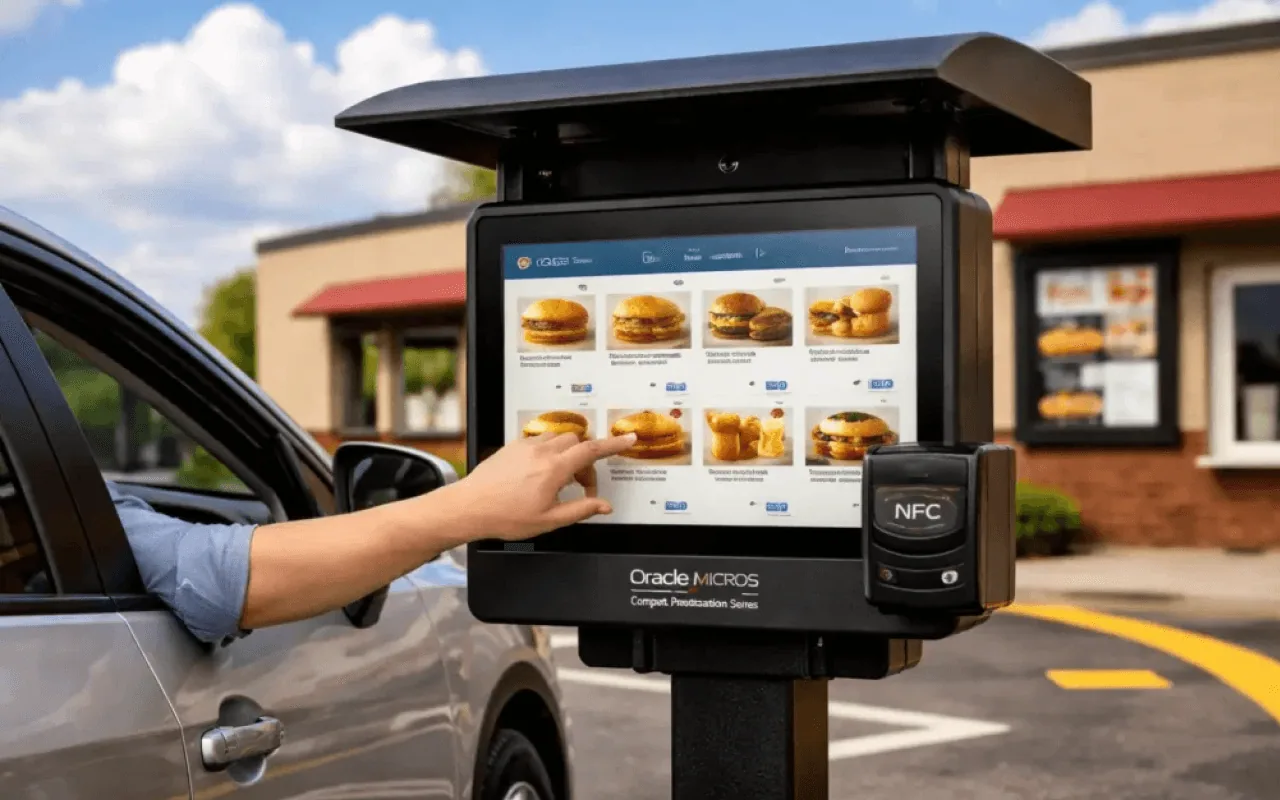 A drive-thru Oracle MICROS self-order kiosk showing a menu