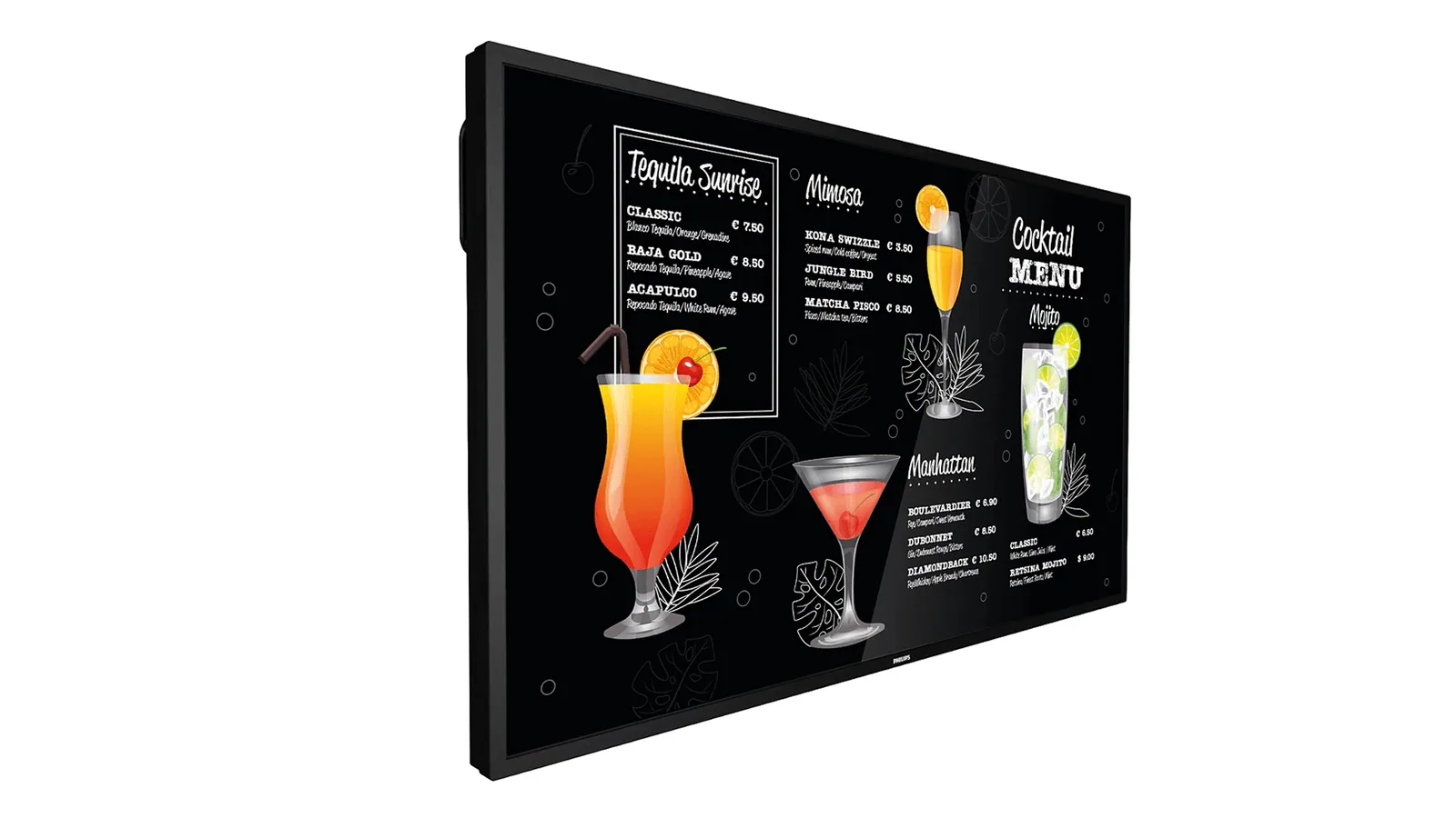 A Philips professional display running a cocktail menu board
