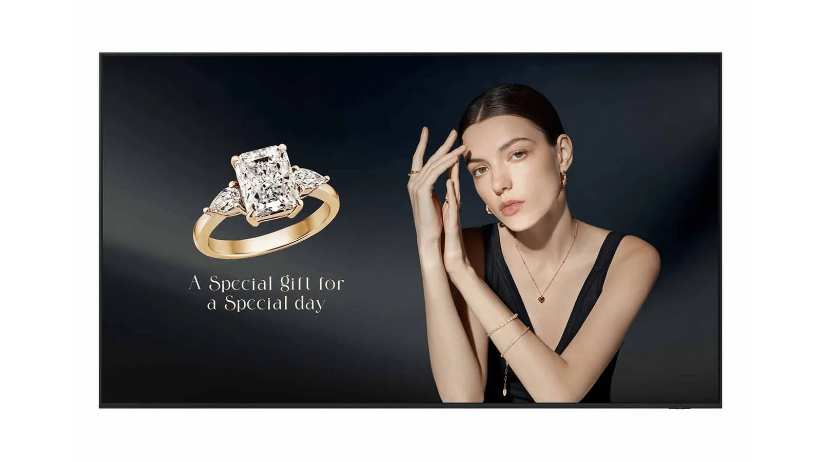 A Samsung Smart Signage display running a jewellery advertisement